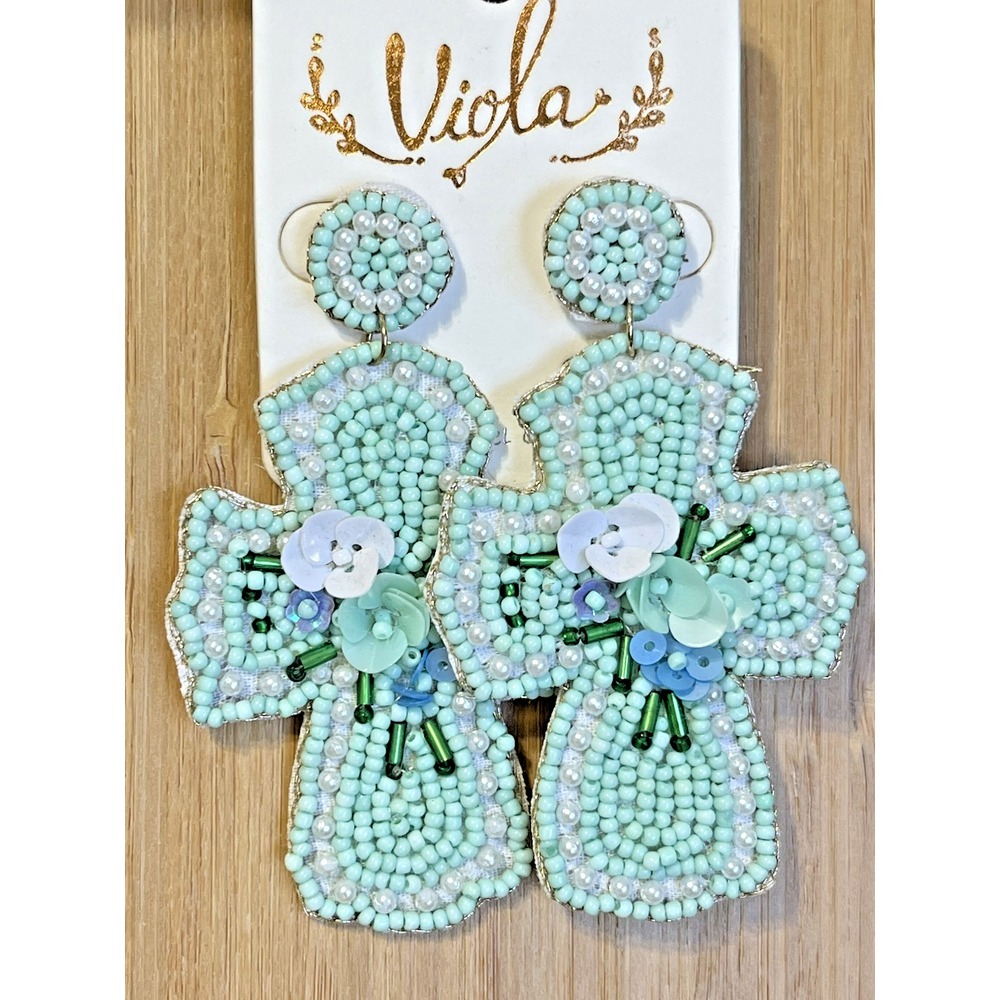 Cross with Flowers Easter Seed Bead Light Pastel Mint Green Dangle Drop Earrings